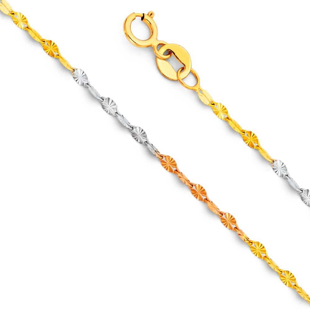 14K Gold 1.7mm Spring Ring 3 Color Stamp Mirror Star Diamond Cut Link Chain With Spring Clasp Closure