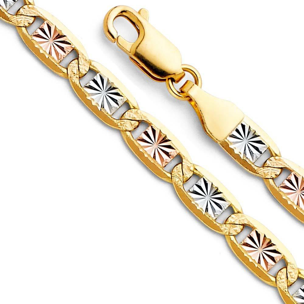 14K Gold 4.8mm Lobster Valentino With Star Diamond Cut 3 Color Link Chain With Spring Clasp Closure - silverdepot