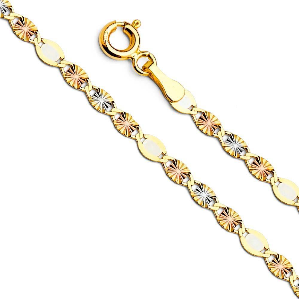 14K Gold 3mm Spring Ring Flat Valentino With Star Diamond Cut 3 Color Link Chain With Spring Clasp Closure - silverdepot