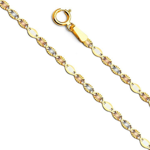 14K Gold 2.1mm Spring Ring Valentino With Star Diamond Cut 3 Color Link Chain With Spring Clasp Closure