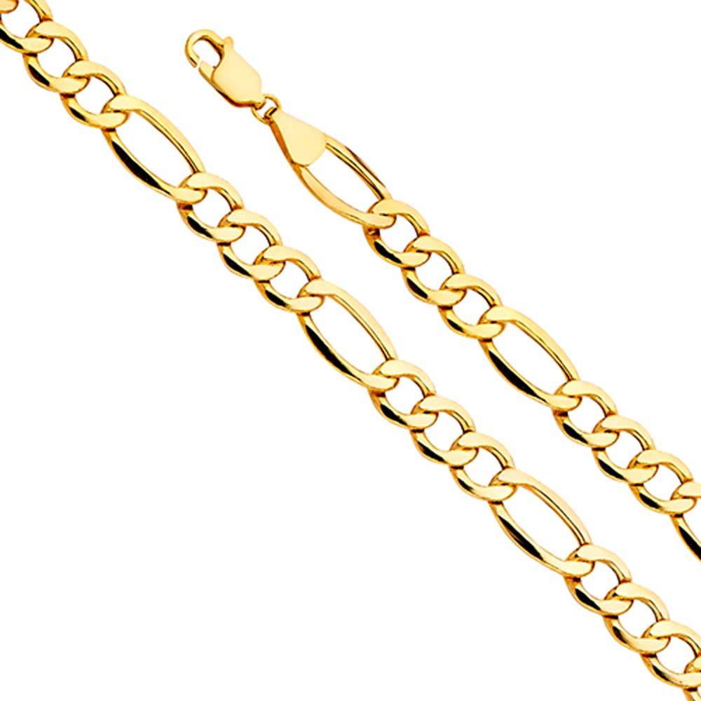 14K Yellow Gold 8.3mm Lobster Hollow Figaro 3? Bevel Bracelet Link Chain With Spring Clasp Closure