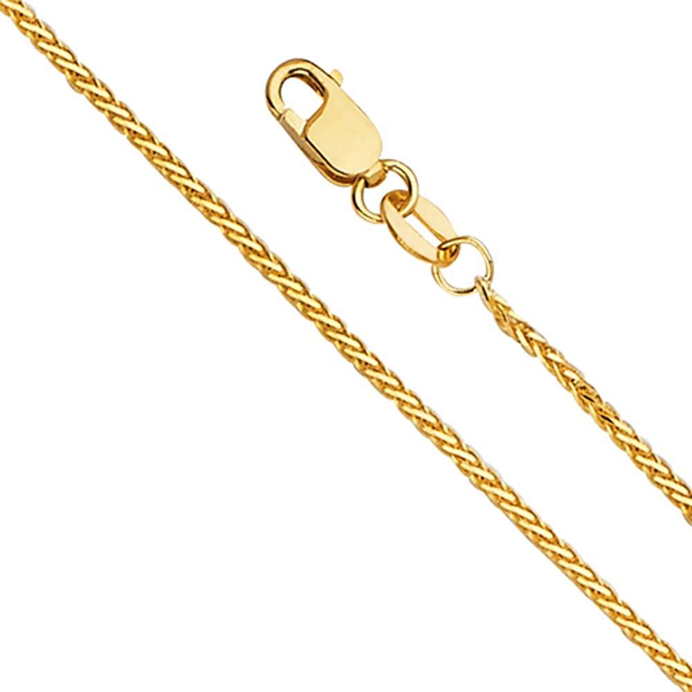 14K Yellow Gold 1.3mm Lobster 8 Side Diamond Cut Round Wheat Shiny Polished Chain With Spring Clasp Closure