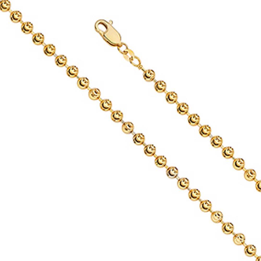 14K Yellow Gold 4mm with Moon-Cut Bead Ball Lobster Polished Chain With Spring Clasp Closure