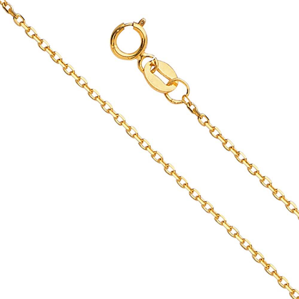 14K Yellow Gold 1.2mm Lobster Side Diamond Angled Cut Oval Rolo Cable Link Chain With Spring Clasp Closure