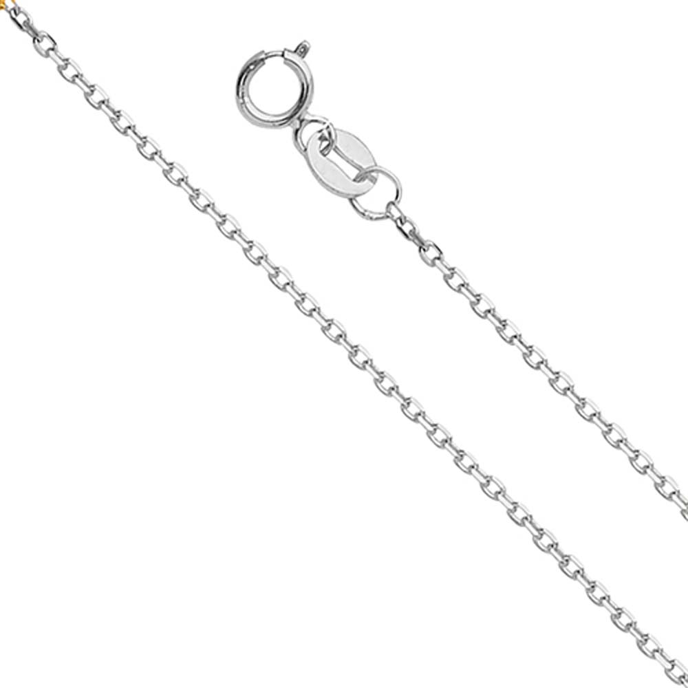 14K White Gold 0.9mm Lobster Side Diamond Angled Cut Oval Rolo Cable Link Chain With Spring Clasp Closure