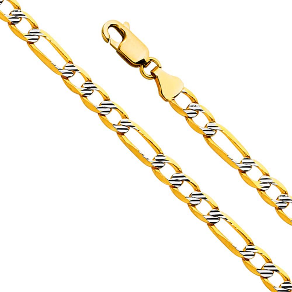 14K Yellow Gold 4.5mm Figaro 3+1 Fancy White Pave Regular Link Chain With Spring Clasp Closure