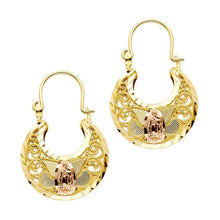 Load image into Gallery viewer, 14k Tri Color Gold 20mm Our Lady Of Guadalupe Basket Hoop Earrings