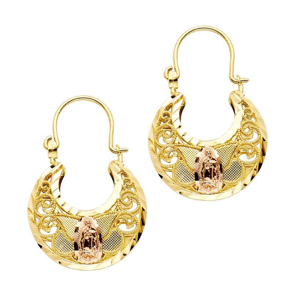 14k Tri Color Gold 20mm Our Lady Of Guadalupe Basket Hoop Earrings