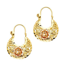 Load image into Gallery viewer, 14k Two Tone Gold 18mm Polished Crescent Flower Diamond Cut Hoop Earrings