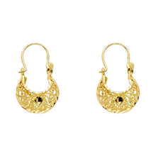 Load image into Gallery viewer, 14k Yellow Gold 12mm Polished Fancy Crescent Faceted And Filigree Hoop Earrings