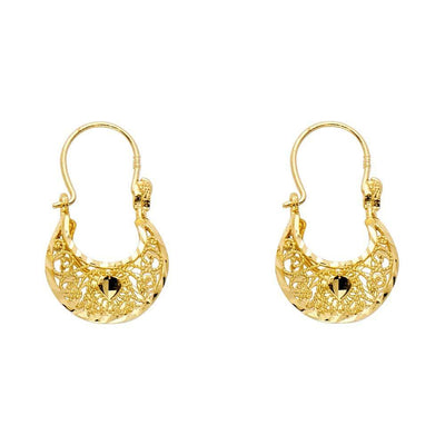 14k Yellow Gold 12mm Polished Fancy Crescent Faceted And Filigree Hoop Earrings