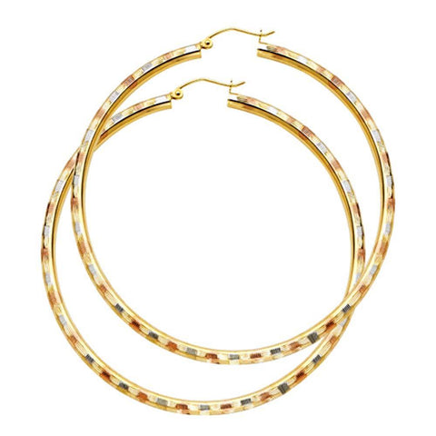 14K Tri Color Extra Large Fancy Polished Diamond-Cut Hinge-Notch Post Hoop Earrings