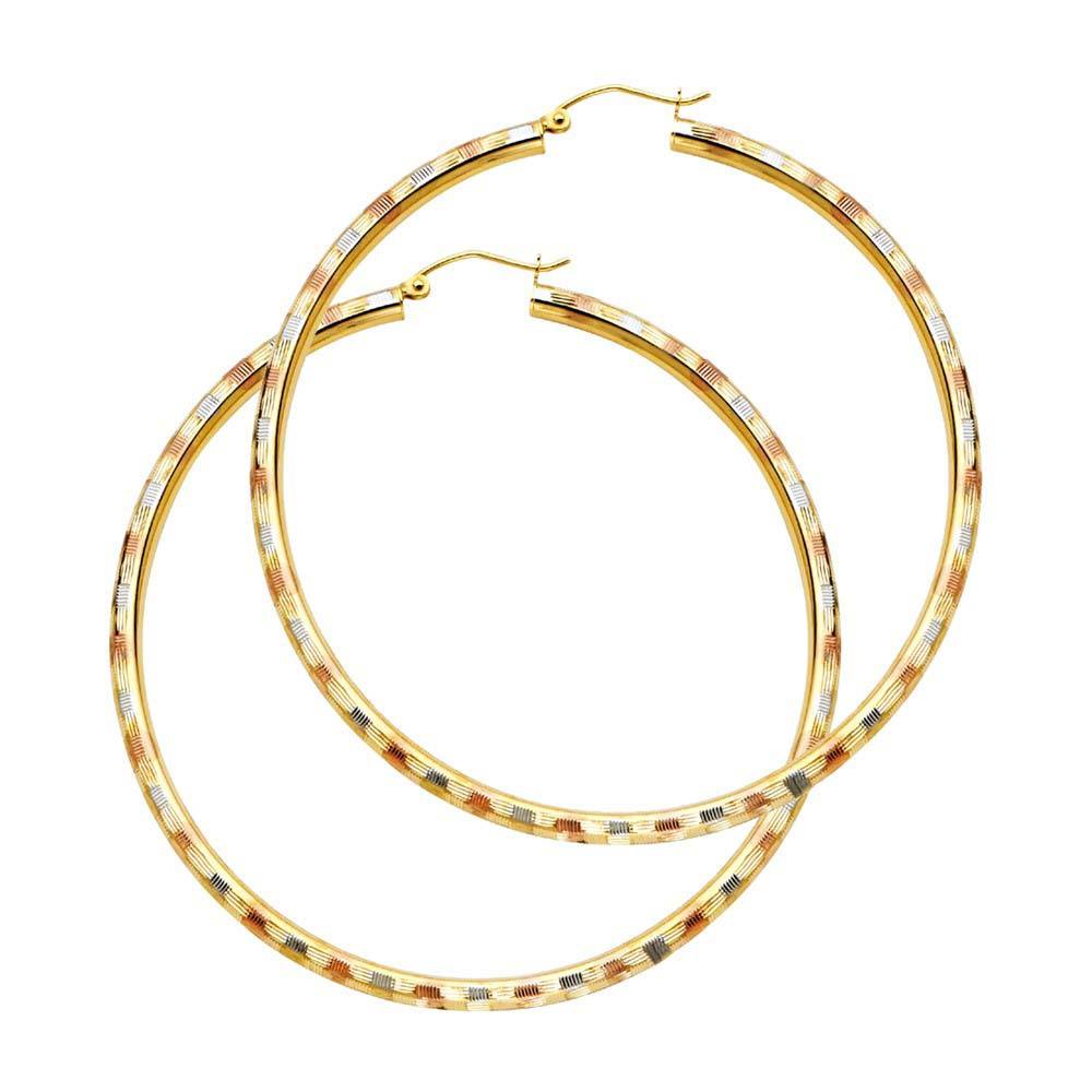 14K Tri Color 3mm Diamond Cut Hoop Earrings