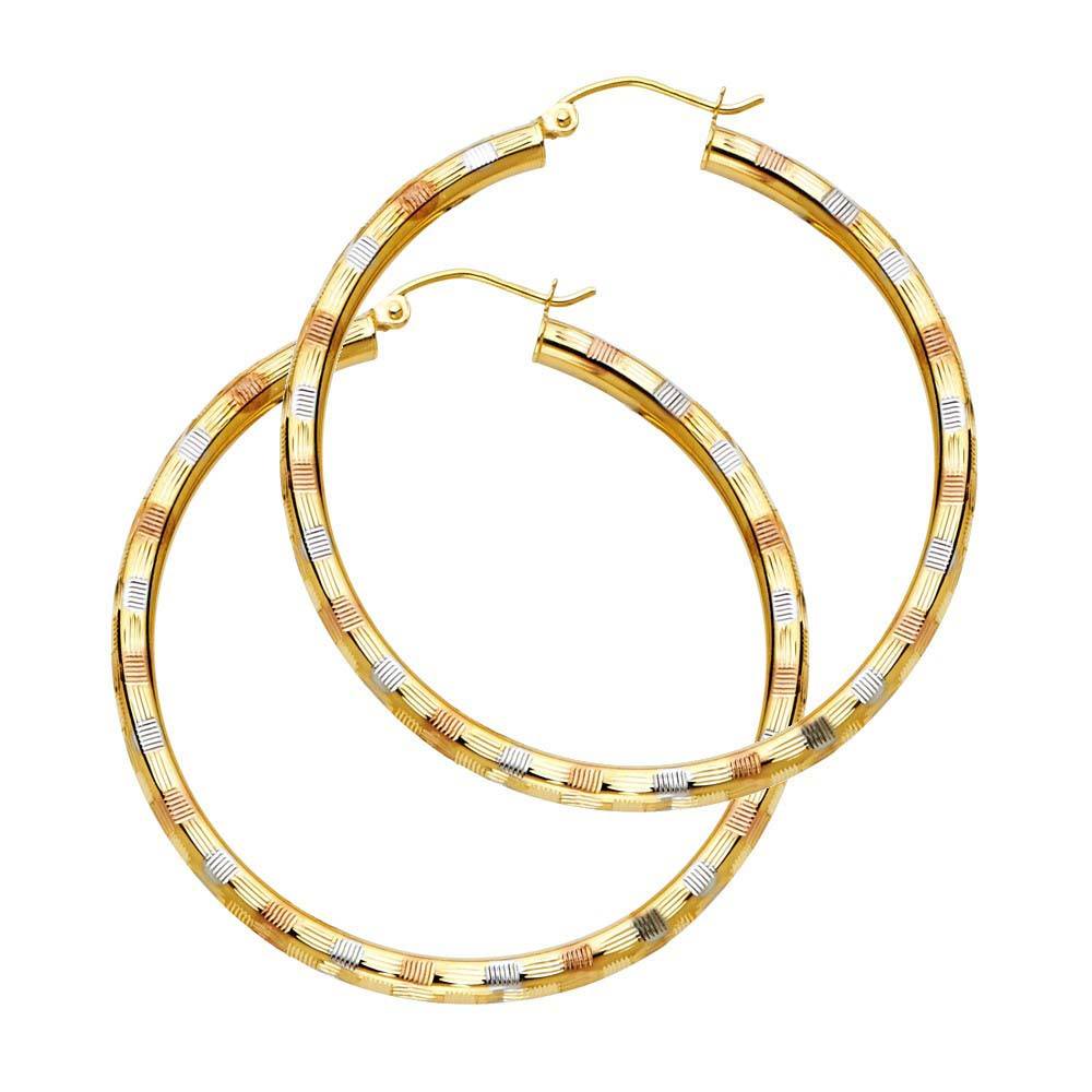 14K Tri Color 3mm Diamond Cut Hoop Earrings