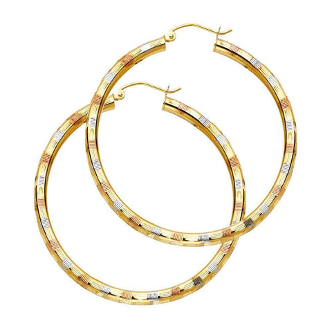 14K Tri Color 3mm Diamond Cut Hoop Earrings