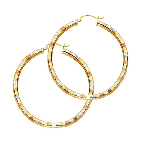 14K Tri Color 3mm Medium Fancy Diamond-Cut Hoop Earrings