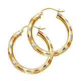 14K Tri Color 3mm Fancy Diamond-Cut Hoop Earrings