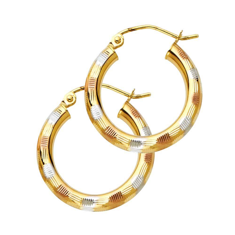 14K Tri Color 3mm Fancy Diamond-Cut Hoop Earrings
