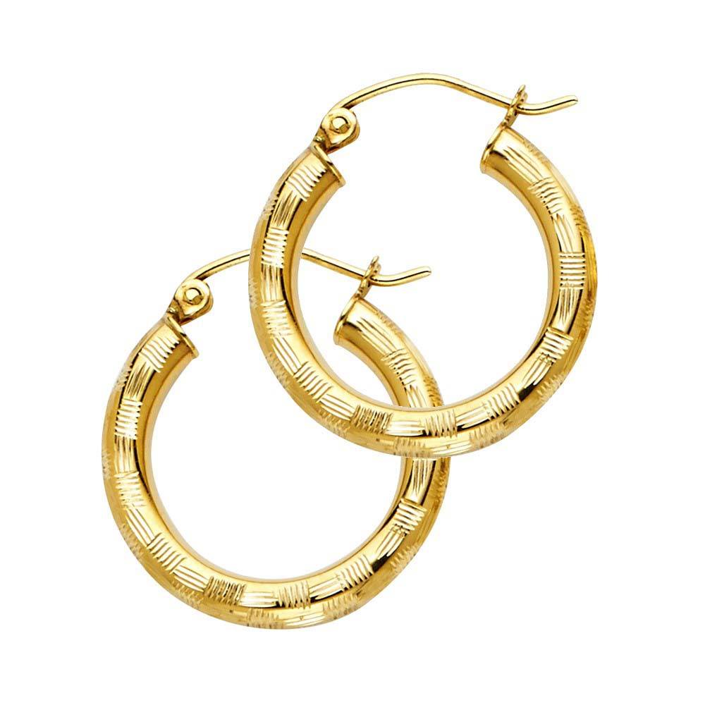 14K Yellow Gold 3mm Diamond Cut Hoop Earrings