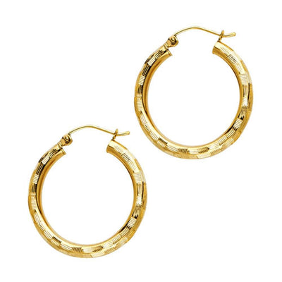 14K Yellow Gold 3mm Medium Polished Fancy Diamond-Cut Hinge-Notch Post And Latch Backing Hoop Earrings