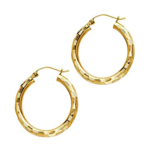 14K Yellow Gold 3mm Medium Polished Fancy Diamond-Cut Hinge-Notch Post And Latch Backing Hoop Earrings