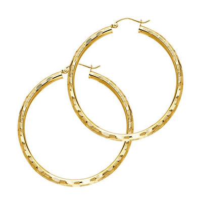 14K Yellow Gold 3mm Medium Polished Fancy Diamond-Cut Hinge-Notch Post And Latch Backing Hoop Earrings