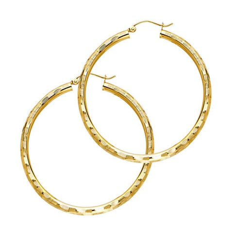 14K Yellow Gold 3mm Medium Polished Fancy Diamond-Cut Hinge-Notch Post And Latch Backing Hoop Earrings