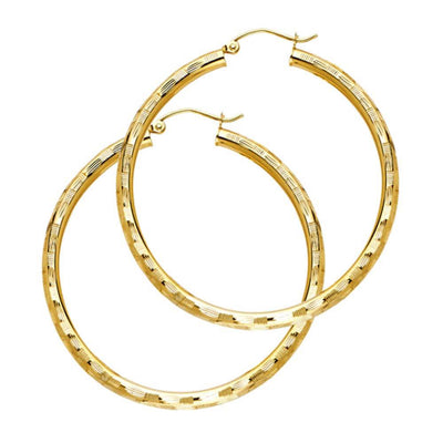 14K Yellow Gold 3mm Large Polished Fancy Diamond-Cut Hinge-Notch Post And Latch Backing Hoop Earrings