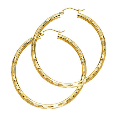 14K Yellow Gold 3mm Large Polished Fancy Diamond-Cut Hinge-Notch Post And Latch Backing Hoop Earrings