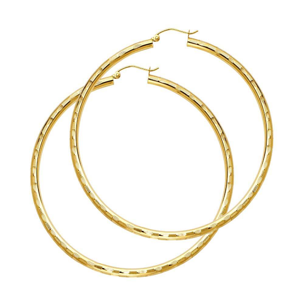 14K Yellow Gold 3mm Large Polished Fancy Diamond-Cut Hinge-Notch Post And Latch Backing Hoop Earrings