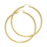14K Yellow Gold 3mm Large Polished Fancy Diamond-Cut Hinge-Notch Post And Latch Backing Hoop Earrings