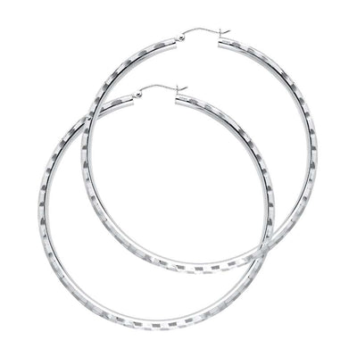 14K White Gold 3mm Large Polished Fancy Diamond-Cut Hinge-Notch Post And Latch Backing Hoop Earrings