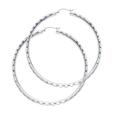 14K White Gold 3mm Large Polished Fancy Diamond-Cut Hinge-Notch Post And Latch Backing Hoop Earrings