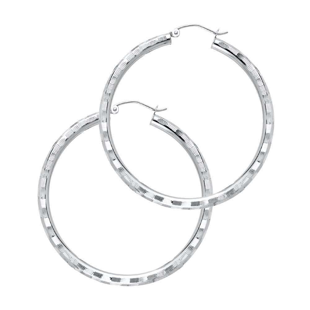 14K White Gold 3mm Large Polished Fancy Diamond-Cut Hinge-Notch Post And Latch Backing Hoop Earrings