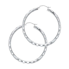 14K White Gold 3mm Large Polished Fancy Diamond-Cut Hinge-Notch Post And Latch Backing Hoop Earrings