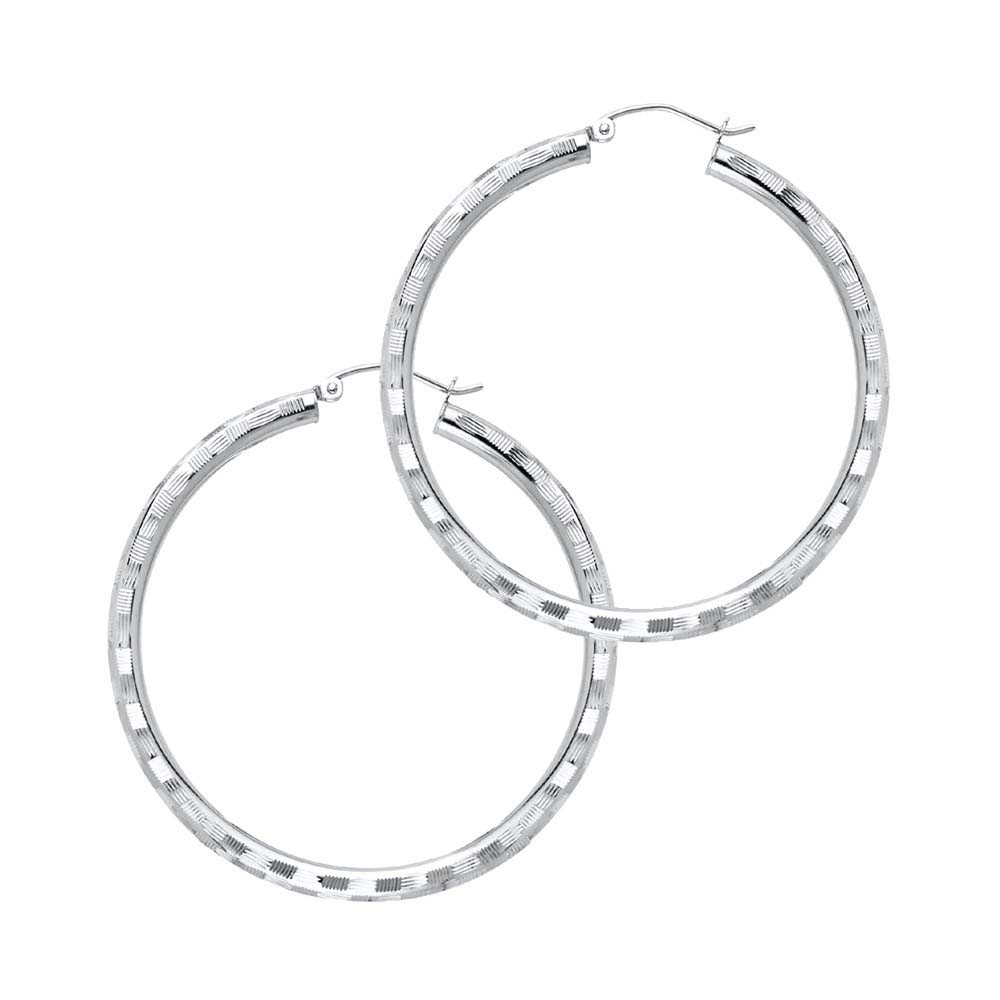 14K White Gold 3mm Medium Polished Fancy Diamond-Cut Hinge-Notch Post And Latch Backing Hoop Earrings