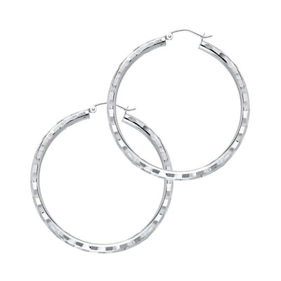 14K White Gold 3mm Medium Polished Fancy Diamond-Cut Hinge-Notch Post And Latch Backing Hoop Earrings