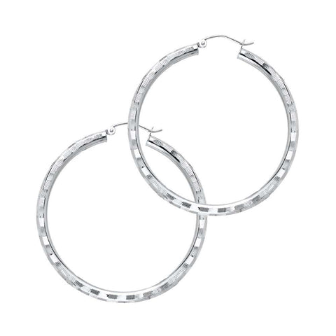 14K White Gold 3mm Medium Polished Fancy Diamond-Cut Hinge-Notch Post And Latch Backing Hoop Earrings