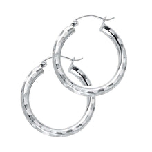 Load image into Gallery viewer, 14K White Gold 3mm Medium Polished Fancy Diamond-Cut Hinge-Notch Post And Latch Backing Hoop Earrings
