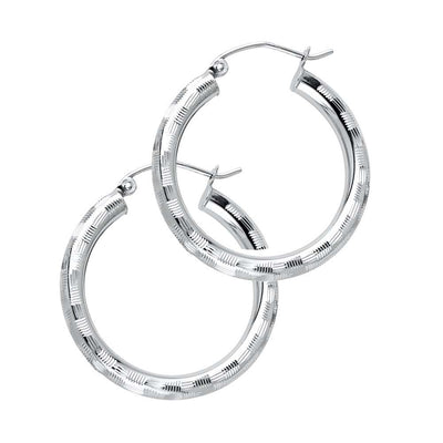 14K White Gold 3mm Medium Polished Fancy Diamond-Cut Hinge-Notch Post And Latch Backing Hoop Earrings