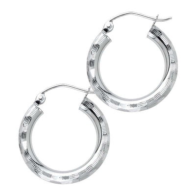 14K White Gold 3mm Medium Polished Fancy Diamond-Cut Hinge-Notch Post And Latch Backing Hoop Earrings