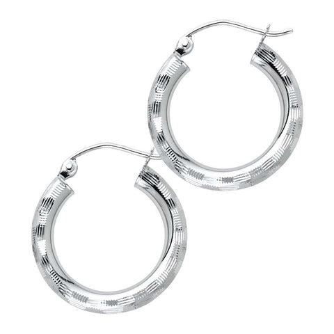 14K White Gold 3mm Medium Polished Fancy Diamond-Cut Hinge-Notch Post And Latch Backing Hoop Earrings