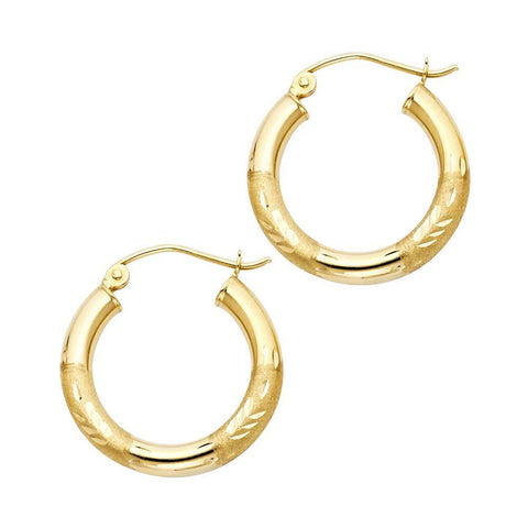 14K Yellow Gold 3mm Diamond Cut Hoop Earrings