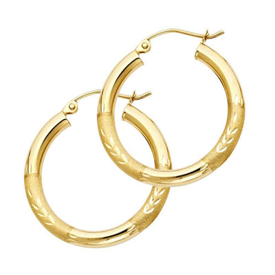 14K Yellow Gold 3mm Medium High Polished And Satin Diamond Cut Latch And Hinge-Notch Post Backing Hoop Earrings