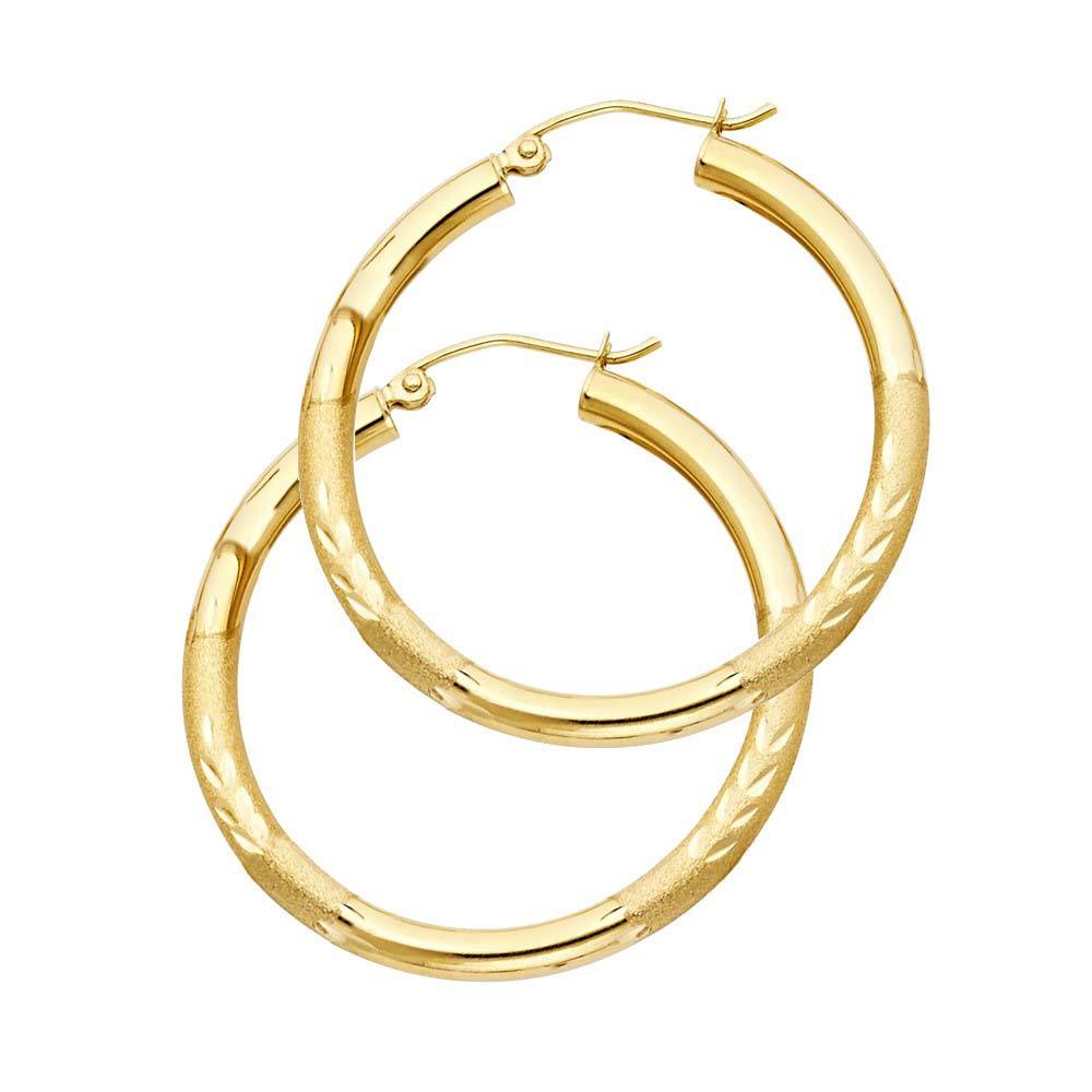 14K Yellow Gold 3mm Medium High Polished And Satin Diamond Cut Latch And Hinge-Notch Post Backing Hoop Earrings
