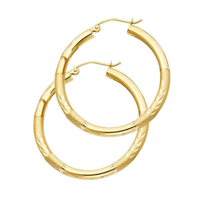 14K Yellow Gold 3mm Medium High Polished And Satin Diamond Cut Latch And Hinge-Notch Post Backing Hoop Earrings