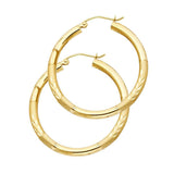 14K Yellow Gold 3mm Medium High Polished And Satin Diamond Cut Latch And Hinge-Notch Post Backing Hoop Earrings