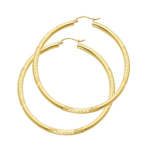 14K Yellow Gold 3mm Large High Polished And Satin Diamond Cut Latch And Hinge-Notch Post Backing Hoop Earrings