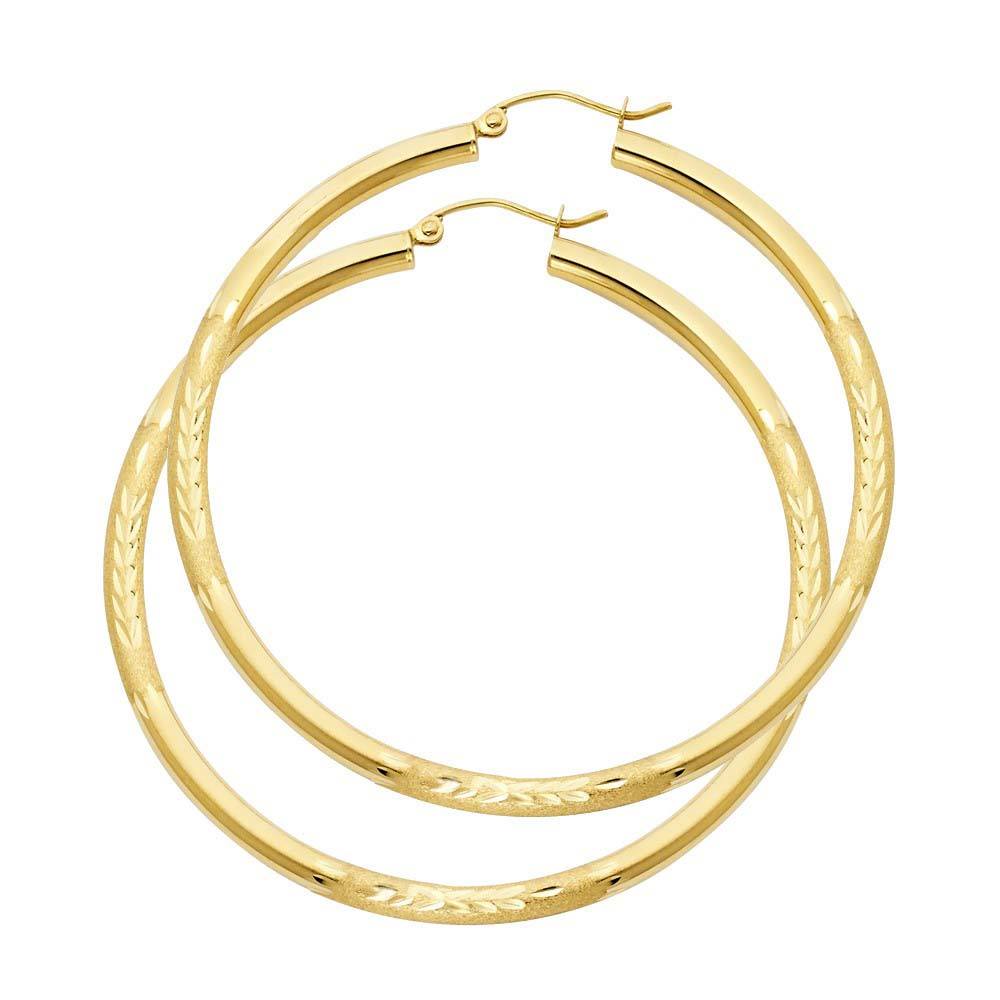 14K Yellow Gold 3mm Large High Polished And Satin Diamond Cut Latch And Hinge-Notch Post Backing Hoop Earrings