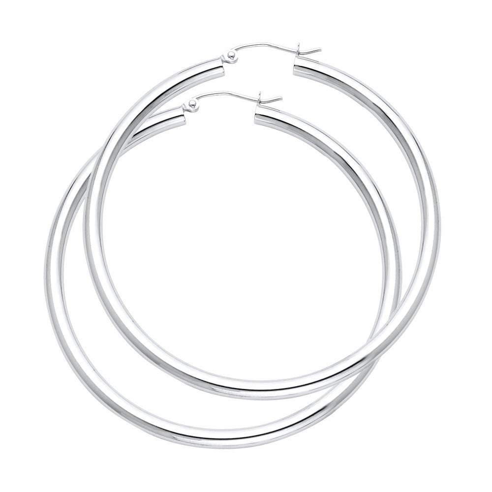14K White Gold 3mm Large High Polished And Satin Latch And Hinge-Notch Post Backing Hoop Earrings